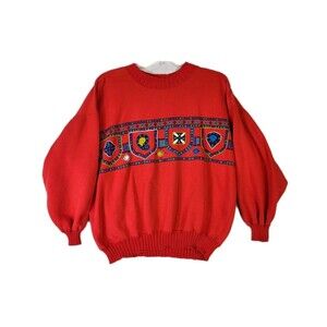 Vintage PASTA Red Women’s Medium Sweater Pullover Geometric Colorful 3/4 Sleeve